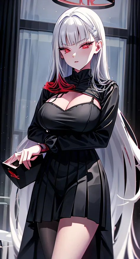 Woman in a black and red dress, girl wearing a black and red dress, in dress, beautiful alluring woman, cute waifu in a nice dress, gothic maiden girl, red eyes, white hair, 8k high-quality detailed art, beautiful anime girl, beautiful anime woman, attract...