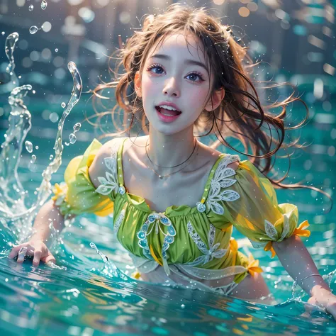 (8K TopQuality masterpiece: 1.2)(Realistic ProfessionalPhoto:1.37), VolumetricLighting. Tiny Girls, girl jumping into the water、Falling、splash water、shout、Luminous water surface、White and Bright colors, back lighting, Radiant PearlSkin, sparkling highlight...