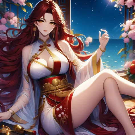 (masterpiece, best quality:1.2), 1women, xian mei, solo, chinese clothes, ultra long skirt, golden eyes, long red curly hair, je...