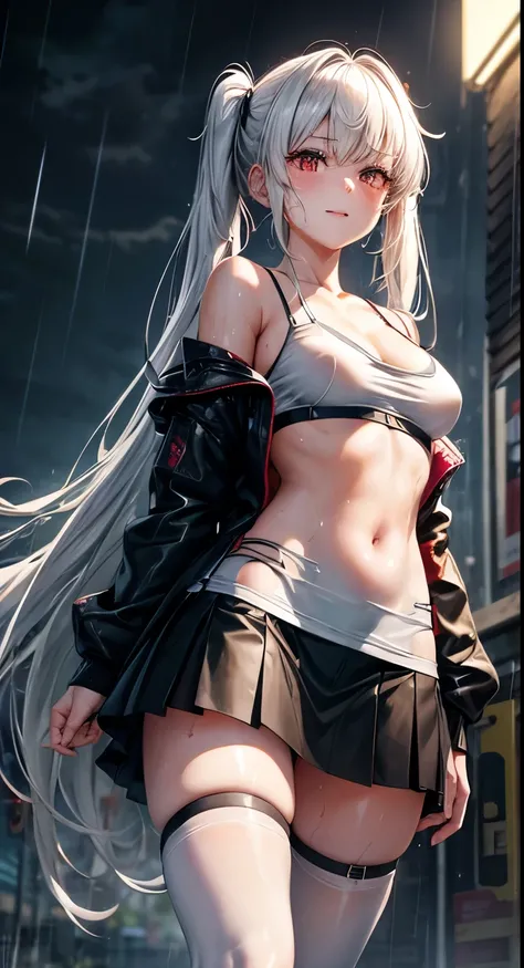 realistic, anime, 1girl,bangs, twintails, long hair, small breasts, off shoulder, white hair, rainbow hair, oversized T-shirt, white T-shirt, black bra, bare legs, thigh, cleavage, collarbone, (extremely detailed CG unity 8k wallpaper, masterpiece, best qu...