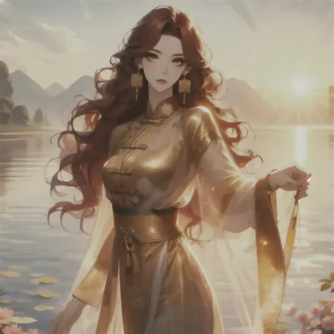 (masterpiece, best quality:1.2), 1women, xian mei, solo, chinese clothes, ultra long skirt, golden eyes, long red curly hair, jewellery, perfect anatomy