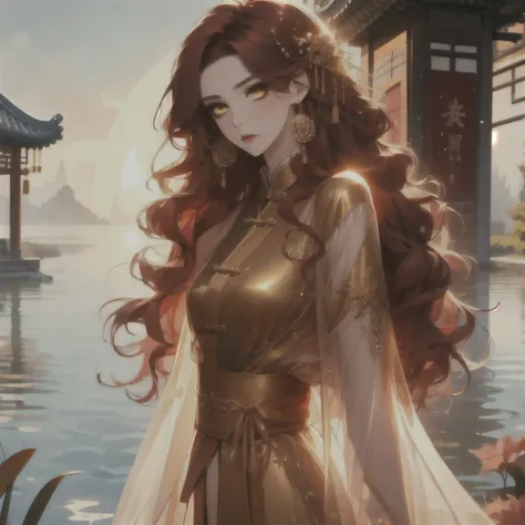 (masterpiece, best quality:1.2), 1women, xian mei, solo, chinese clothes, ultra long skirt, golden eyes, long red curly hair, jewellery, perfect anatomy