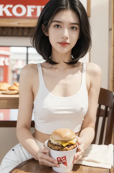 (((best quality))),(((ultra detailed))),(((masterpiece))),illustration,((1girl,solo)),(straight black bob hair:1.2),((slim,thin)),((small breasts,flat chest)),sitting,(in KFC:1.3), (burgers and drink on the table:1.2),((white strap tank top, white pants)),...