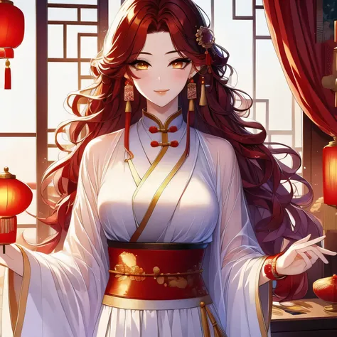 (masterpiece, best quality:1.2), 1women, xian mei, solo, chinese clothes, ultra long skirt, golden eyes, long red curly hair, je...