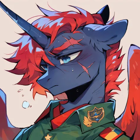 Male alicorn pony, black fur, long red hair, deep blue eyes, red feathers on wings, scar over left eye, red striping, vietnam-era army uniform, in a Vietnamese town, sweating, close-up portrait 