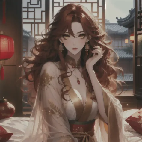 (masterpiece, best quality:1.2), 1women, xian mei, solo golden eyes, long red curly hair, jewellery, perfect anatomy, chinese traditional room, nudity, nude, sexy