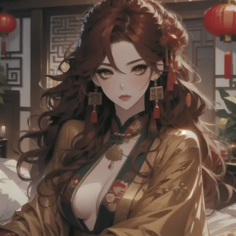 (masterpiece, best quality:1.2), 1women, xian mei, solo golden eyes, long red curly hair, jewellery, perfect anatomy, chinese traditional room, nudity, nude, sexy