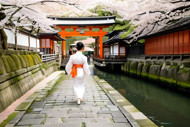 Woman in white kimono with flower pattern on the back, walking on cobblestone pavement in the middle of the street with canals on both sides, diving through a tunnel of orange torii gates in Kyoto, cherry blossom petals falling, beautiful torii gates