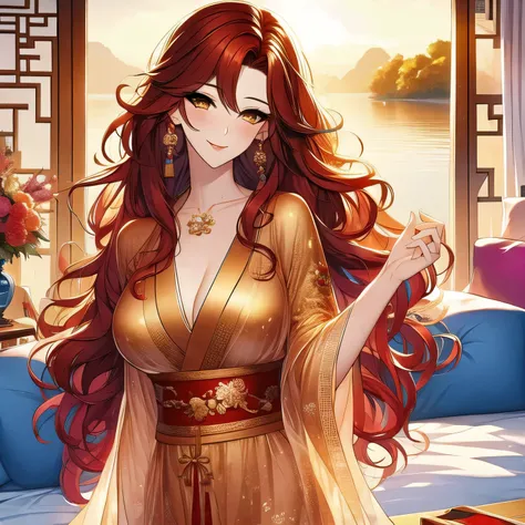 (masterpiece, best quality:1.2), 1women, xian mei, solo golden eyes, long red curly hair, jewellery, perfect anatomy, chinese traditional room, nudity, nude, sexy