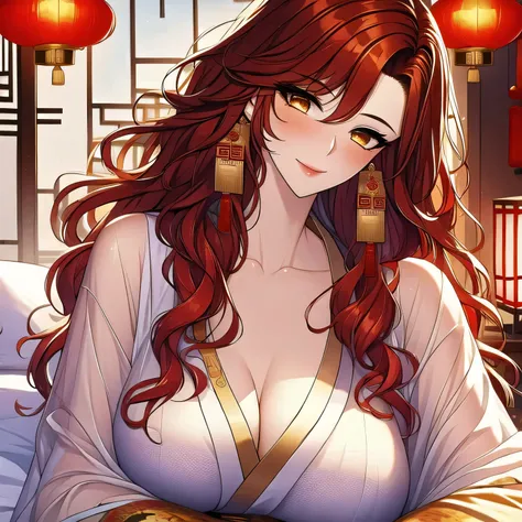 (masterpiece, best quality:1.2), 1women, xian mei, solo golden eyes, long red curly hair, jewellery, perfect anatomy, chinese traditional room, nudity, nude, sexy