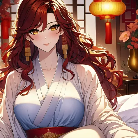 (masterpiece, best quality:1.2), 1women, xian mei, solo golden eyes, long red curly hair, jewellery, perfect anatomy, chinese traditional room, nudity, nude, sexy