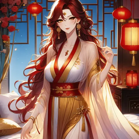 (masterpiece, best quality:1.2), 1women, xian mei, solo golden eyes, long red curly hair, jewellery, perfect anatomy, chinese traditional room, nudity, nude, sexy