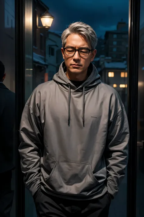 a realistic image of a man with short hair, gray hair, wear glasses, wearing a black sweatshirt, close your eyes, walking, teach...