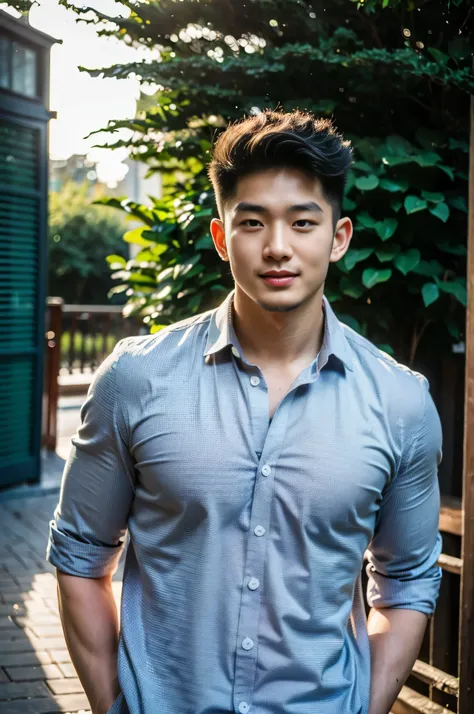 a young asian man with large muscles looks at the camera. in a white button-down shirt , forest river sunlight looking at the sk...