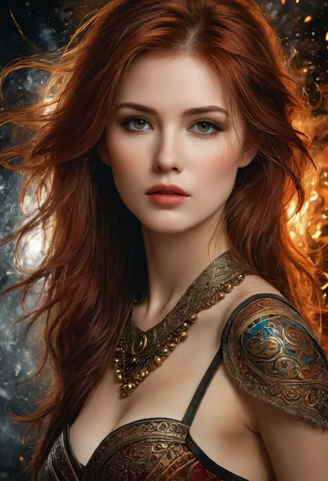 1girl, by Emily Kell and Luis Royo, 27 years old, official art, 8k wallpaper, full length, ultra detailed, beautiful and aesthetic, red hair, brown eyes, leather bust, skirt, A faint smile, masterpiece, best quality, realistic, extremely detailed, dynamic ...