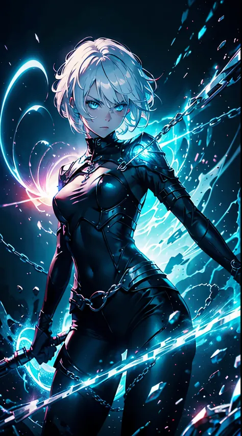 Girl,white hair,short and messy hair, blue eyes, Holding a chain whip, red , living room background.HD lighting and dark )(epic image quality) dark atmosphere with bright particle light(many effects in background)