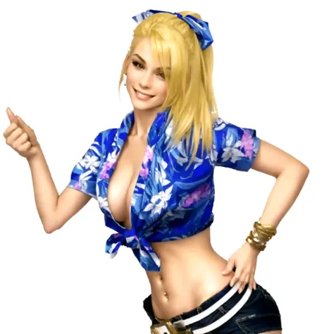 a close up of a blonde girl with a shirt on and right thump up, shes European, as a character in Out Run 2, of SEGA, 3D CG, Clarissa, 2k, 2 k, she has three bracelets on her left wrist, she is smiling. realistic, render of april, fighting game character, n...