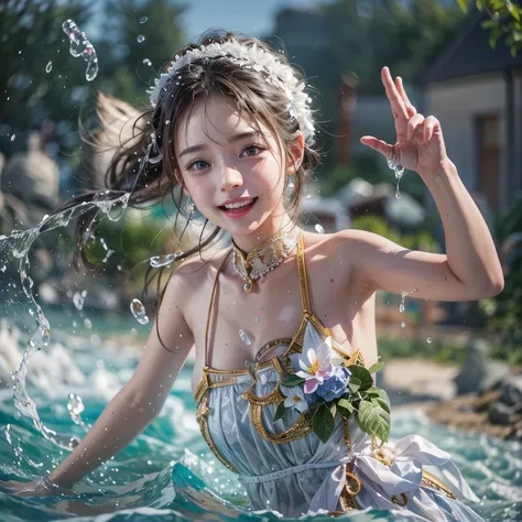 (8K TopQuality masterpiece: 1.2)(Realistic ProfessionalPhoto:1.37), VolumetricLighting. Tiny Girls, girl jumping into the water、Falling、splash water、shout、Luminous water surface、White and Bright colors, back lighting, Radiant PearlSkin, sparkling highlight...