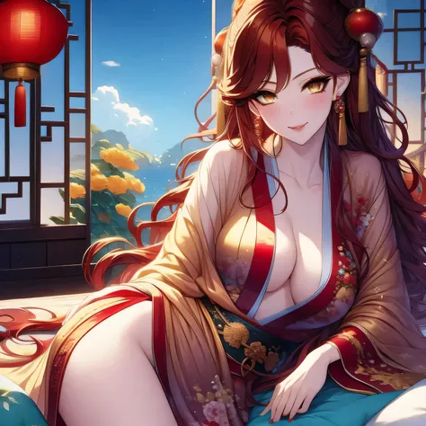 (masterpiece, best quality:1.2), 1women, xian mei, solo golden eyes, long red curly hair, jewellery, perfect anatomy, chinese traditional room, nudity, nude, sexy, !!no clothes!!