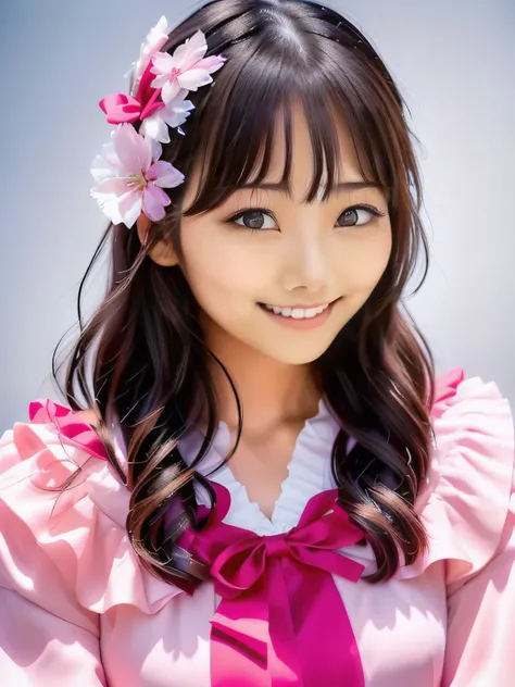 A dress with softly rounded shoulders, There is a woman wearing a pink and red frilly outfit., sakimichan, A cute woman dressed in a Japanese idol costume, narumi kakinouchi, Sakura Kinomoto, Hole in the Motto, Cute Core, Face that faithfully reproduces th...