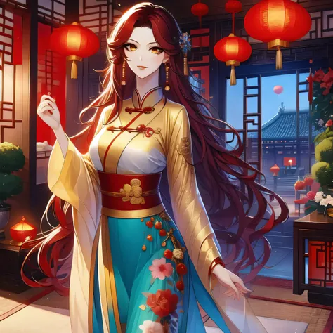 (masterpiece, best quality:1.2), 1women, xian mei, solo, chinese clothes, ultra long skirt, golden eyes, long red curly hair, jewellery, perfect anatomy, chinese traditional room, full body, walking