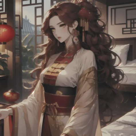 (masterpiece, best quality:1.2), 1women, xian mei, solo, chinese clothes, ultra long skirt, golden eyes, long red curly hair, jewellery, perfect anatomy, chinese traditional room