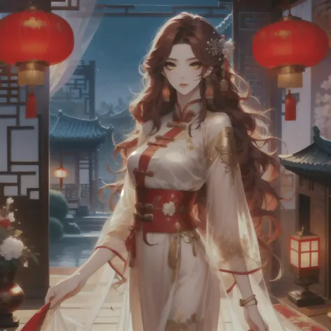 (masterpiece, best quality:1.2), 1women, xian mei, solo, chinese clothes, ultra long skirt, golden eyes, long red curly hair, jewellery, perfect anatomy, chinese traditional room