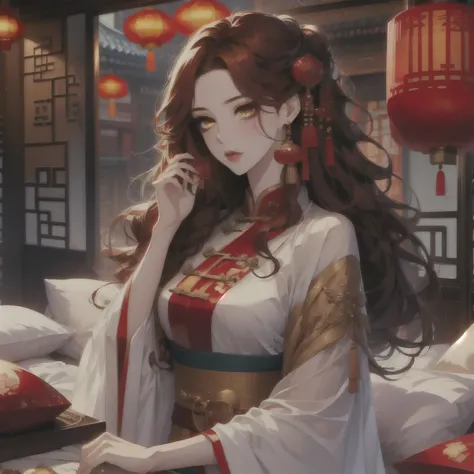 (masterpiece, best quality:1.2), 1women, xian mei, solo, chinese clothes, ultra long skirt, golden eyes, long red curly hair, jewellery, perfect anatomy, chinese traditional room