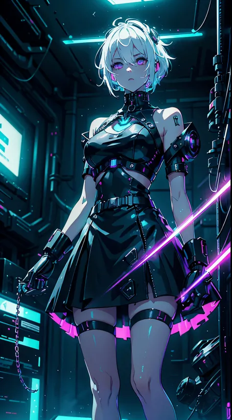 Android Girl,white hair,short and messy hair, purple neon eyes, Holding a chain whip,chains on the hands,  cute, skirt, white blouse, cyberpunk style, eletronic gloves, mecanic parts, eletronic details,living room background.HD lighting and dark )(epic ima...