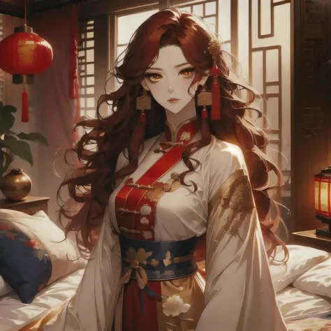 (masterpiece, best quality:1.2), 1women, xian mei, solo, chinese clothes, ultra long skirt, golden eyes, long red curly hair, jewellery, perfect anatomy, chinese traditional room