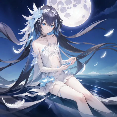 ((A long shot)) of a black-haired anime teen girl, (sitting near a river), ((strong moonlight)), cinematic light, slim body, skin is perfectly healthy, soft, and smooth, Extremely delicate and beautiful CG illustration, best quality, high resolution, dynam...