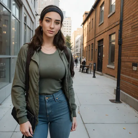 Extremely busty thin and toned brunette photographer, college girl, fair skin, loose ponytail, soft face, athletic, bandana babushka headwrap, tight olive green casual windbreaker, skinny jeans. standing in front of her apartment building, outdoors, city, ...