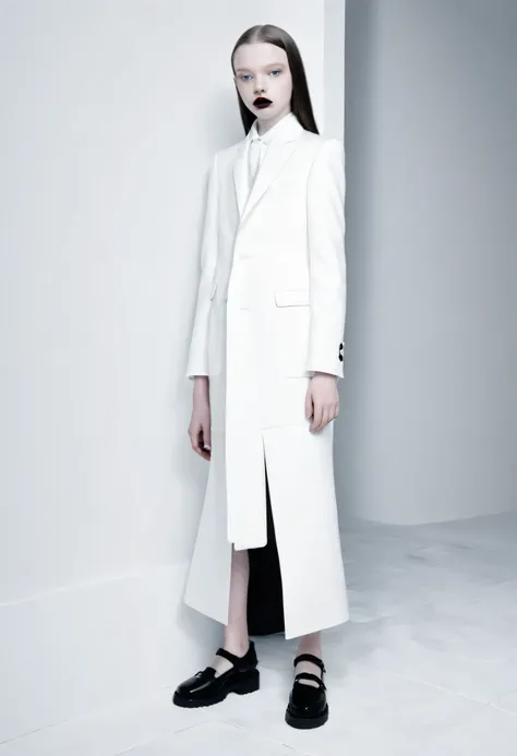 fashion full length photo, 11 years old girl balenciaga mode, with lips apart, ultra white pale skin, light black color, artistic photo, professional photo, perfect cinematic light, full lips, different sides photo