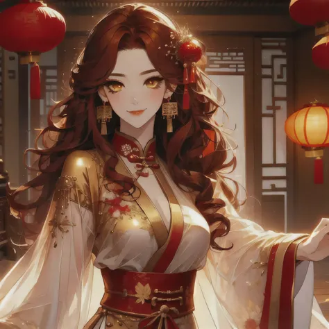 (masterpiece, best quality:1.2), 1women, xian mei, solo, chinese clothes, ultra long skirt, golden eyes, long red curly hair, jewellery, perfect anatomy, chinese traditional room, smile, happy