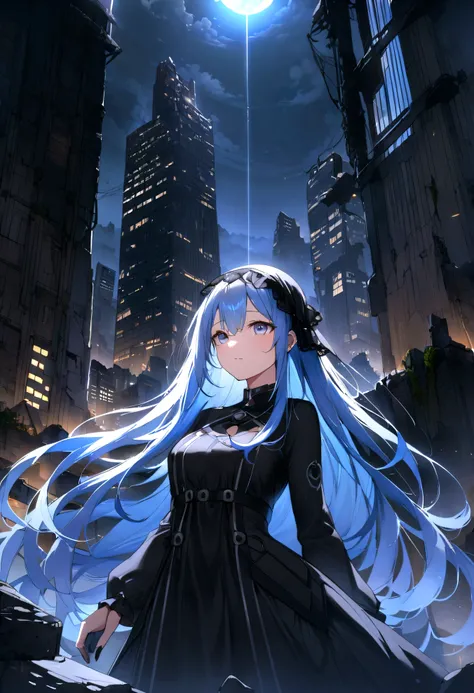 Blue Hair、long hair、、Black Sister Outfit、Black Wimple、Black Veil、Highest quality、4K、Beautiful light source、City of night、ruins、skyscraper、Emitting light source