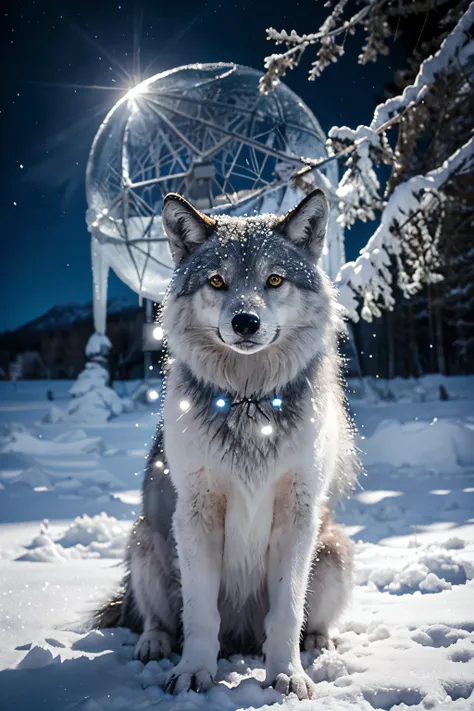 Un imposant loup blanc avec des yeux bleus glacés et des cristaux de glace sur son pelage, se tenant sur une étendue de neige sous une aurore boréale. Le loup a une fourrure épaisse et scintillante, avec des griffes acérées de glace. En arrière-plan, des m...