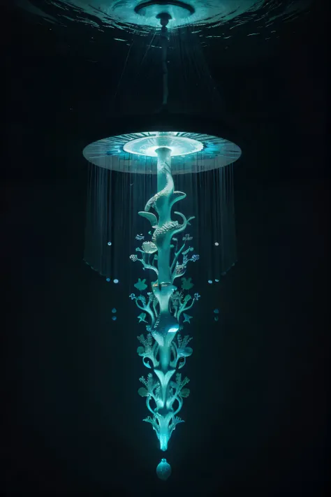 Une majestueuse créature marine, mi-poisson mi-serpent, avec des écailles bioluminescentes nageant dans un océan profond et mystérieux entouré de coraux lumineux. La créature a des nageoires translucides et des yeux brillants, avec des tentacules élégants ...