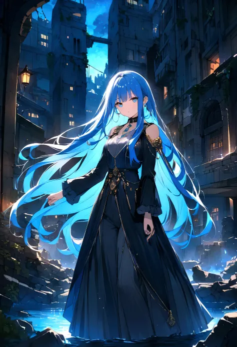 Blue Hair、long hair、、Sister clothes、Highest quality、4K、Beautiful light source、City of night、ruins