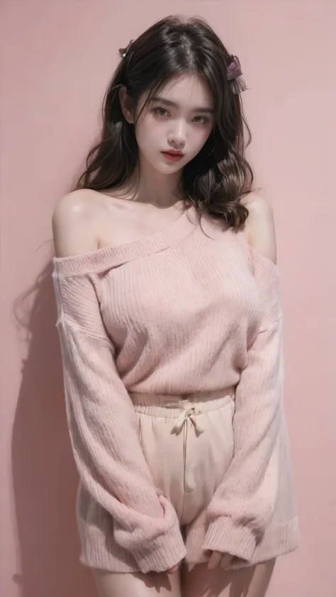 21yo girl,(wearing oversize pink sweater), hot pants, show shoulders, show medium thigh, natural medium breast, plump body,single sidelock hairpin blush modern cinematic lighting,ray tracing,drop shadow wide shot UHD,textured skin,high details,best quality...