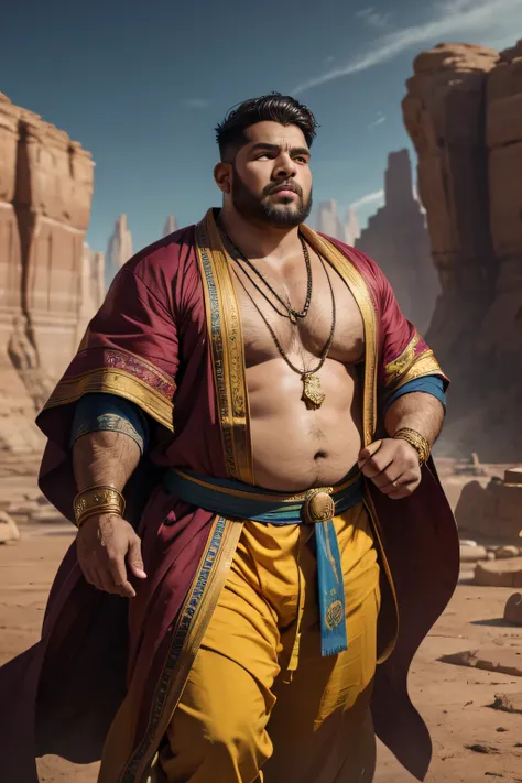 (8K, high definition, high quality, highly detailed) Handsome Indian Mage. chubby. hyper-masculine. chanting a spell. glowing magical hands. wearing long robes over cotton shirt. wearing long oriental pants. wearing an amulet. wearing an intricate sash as ...