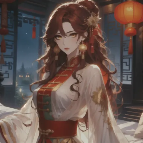 (masterpiece, best quality:1.2), 1women, xian mei, solo, chinese clothes, ultra long skirt, golden eyes, long red curly hair, jewellery, perfect anatomy