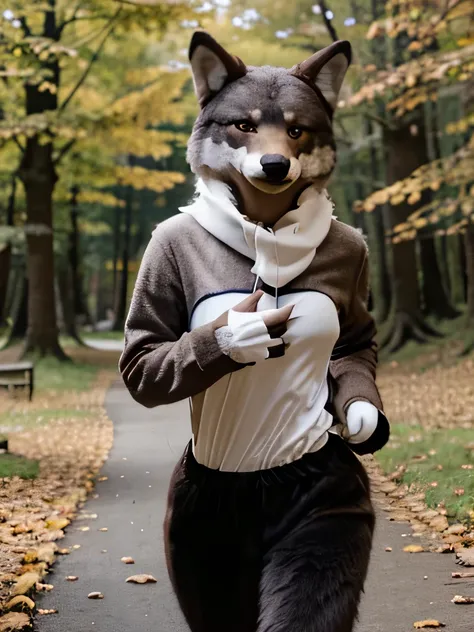 Araffe mit einem Stofftier in einem Wald mit autumnblättern, the furry Fursuit is running, Fursuit!!!!, Fursuit, Furries with tails, fursona, furry character, ein anthropomorpher Wolf, generic furry style, autumnsaison, Pelziger Wolf, pelzige Fursona, autu...