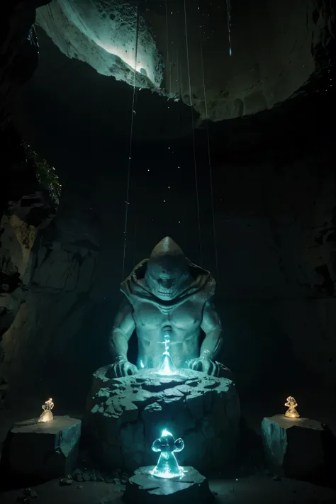 Un imposant golem de pierre sculptée avec des gravures anciennes sur son corps, se tenant dans une caverne souterraine entourée de cristaux lumineux. Le golem a des yeux brillants comme des gemmes et une structure massive et robuste, semblable à un géant f...