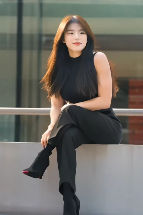 20-year-old young woman，Perfect beautiful face，Two meters tall，Huge muscles，black，Wearing high heels，Extremely refined