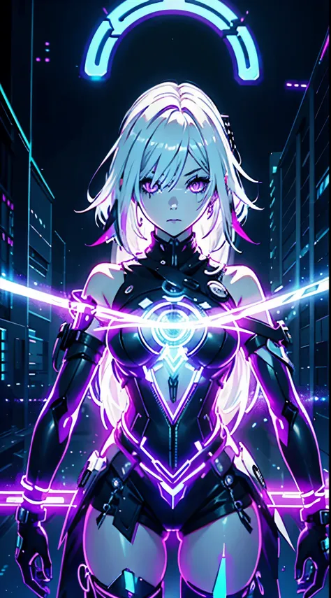 Android Girl,white hair,short and messy hair, purple neon eyes, Holding a chain whip, chains on the hands, circular chains over body, cute, skirt, white blouse, cyberpunk style, eletronic gloves, mecanic parts, eletronic details,living room background.HD l...