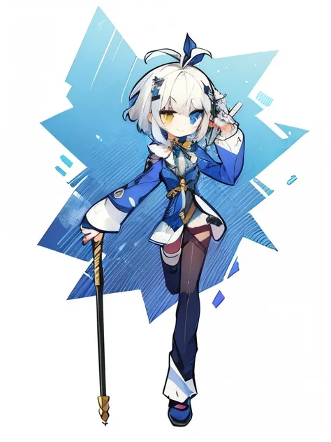 An anime girl in a blue suit，short hair，Aho，Holding a cane，One-legged，The leg is broken，trousers，Smile，Gold decoration，Heterochromia