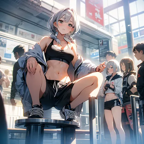 woman、Silver Hair、Braid、Short Hair、Black Eye、Big Breasts、Black Sports Bra、Shorts、hoodie、Shoulder、Leg spread、Crouch down、Station platform、Embarrassed