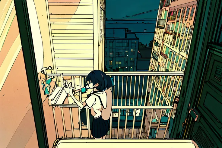 Ultra Wide Angle, Girl brushing her teeth while listening to jazz music with headphones, Watching the night sky from the balcony, alone, Lofty Girl, Lo-fi art style, Lofty Girl aesthetic, By Ghailan, Anime Aesthetics, relaxed mood, Lo-fi illustration style