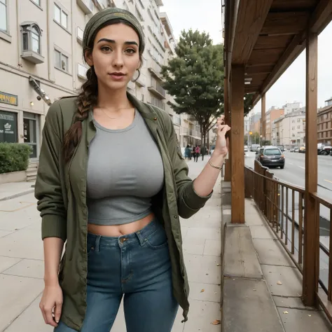 Extremely busty thin and toned brunette photographer, college girl, fair skin, loose side braid, soft face, athletic, bandana babushka headwrap, tight olive green casual windbreaker, skinny jeans. standing in front of her apartment building, outdoors, city...