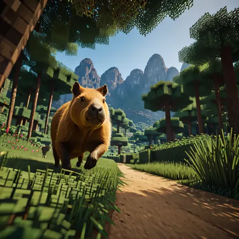 Camera man view, illustration, pov, a capybara running to the viewer in a dense jungle, Dark green minecraft blocks blooming behind the capybara, beautiful landscape background with mountains and a tepui, highly detailed, hyperrealistic, 8k, best quality, ...